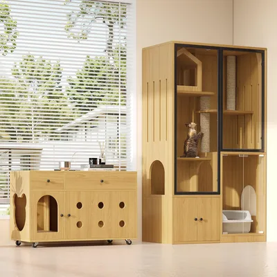 Produktbild von okwish Haustiermöbel-Set Kleintier-Häuser mit Katzenstreu-Schrank,Glas-Katzenvilla mit Kratzpfosten,Katzenhaus für mehrere Katzen,Ahornholzfarbe