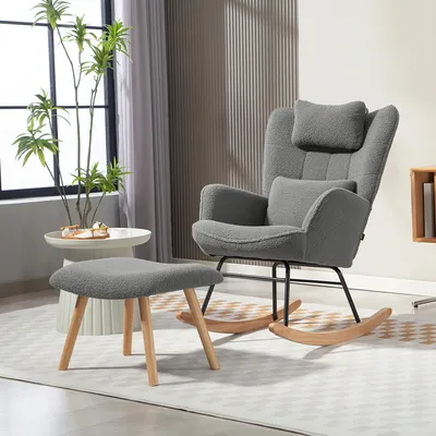 Produktbild von Schaukelstuhl mit Fußhocker Fleece Wingback, Schaukelsessel hohe Rückenlehne, Relaxsessel Dunkelgrau | 101,5 x 70,5 x 99,5 cm | 95°–115° | Stahlrahmen