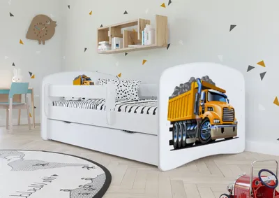 A child's bedroom with a white bed featuring a truck graphic on the headboard.