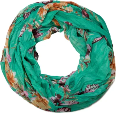 Produktbild von styleBREAKER Damen Loop Schlauchschal mit buntem Schmetterling und Blumen Print , Crash and Crinkle Schal, Tuch 01016013