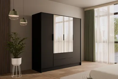 Produktbild von ALTDECOR  Kleiderschrank mit Spiegel und Flügeltüren, Garderobenschrank mit viel Stauraum, Vielseitiger Drehtürenschrank, Schrank KOLIN 200x200 cm Schwarz
