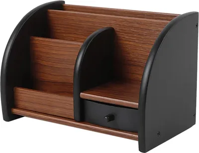 Immagine prodotto di Portapenne in legno - Organizer da scrivania - 5 scomparti e cassetto - Design vintage - Per ufficio e cancelleria - Robusto - Nero e legno