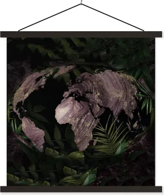 Produktbild von MuchoWow® Textilposter Weltkarte - Pflanzen - Lila 90x90 cm mit schwarzem Rahmen - Magnetisches