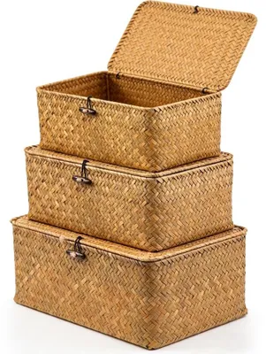 Produktbild von Rattan Aufbewahrungskörbe mit Deckel, Set von 3