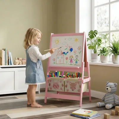 Produktbild von Sweiko 3-in-1 Kinder Staffelei mit Papierrolle, Kreidetafel, Whiteboard, Aufbewahrungskörbe, 54 x 46,5 x 93 cm, rosa