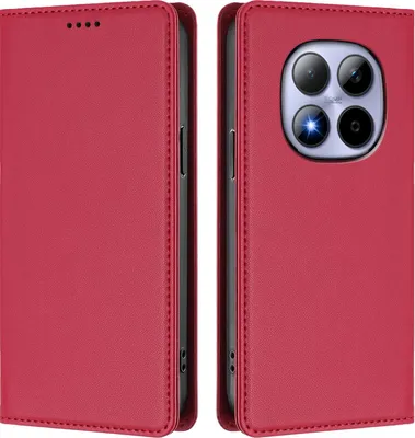 A red flip case for a smartphone is shown from two angles.