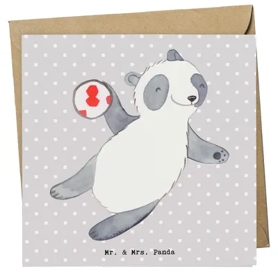 Produktbild von Mr. & Mrs. Panda Deluxe Karte Panda Handball spielen - Grau Pastell - Geschenk, anlasskarte, Verein, faltkarte, Turnier, Club, doppelkarte, Klappkarte, Glückwunschkarte