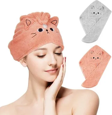 Produktbild von Ibenzoa® 2er-Set schnelltrocknende Mikrofaser-Haarturbane 24 x 64 cm – Rosa & Grau mit Katzenmotiv, Korallfleece, Knotenverschluss