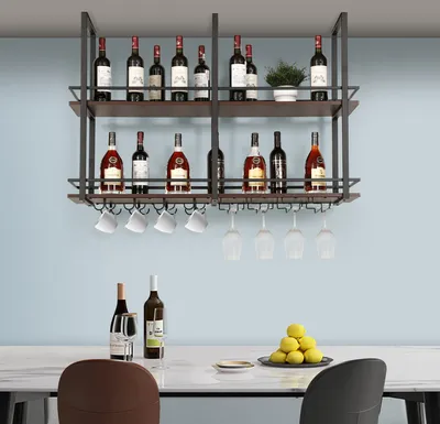 Zdjęcie produktu dla Stojak na wino "Hubro" 120 x 30 x 85 cm Stojak sufitowy z uchwytem na kieliszki w kolorze czarnym/orzechowym