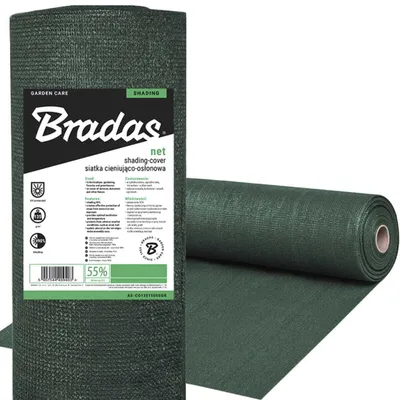 A roll of dark green shading net is shown, with a label on the left side detailing product information.