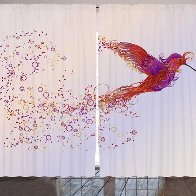 Obrázek produktu pro ARANDE záclona s motivem ptáků, kreativní design s ilustrací kolibříka, peří a kruhů, 280 x 245 cm, vícebarevná