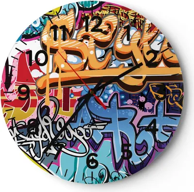 Produktbild von Wanduhr - Rund - Glasuhr - Graffiti modern - 40x40cm - Schleichendes Uhrwerk - Lautlos - zum Aufhängen bereit - Dekoration Modern - Wanddekoration aus Glas - C4AR40x40-3578