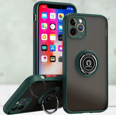 Produktbild von iPhone 11 Pro Hülle, Ring Halter Ständer Matte Transluzent TPU Rahmen Stoßfest Schutzhülle für iPhone 11 Pro dunkelgrün