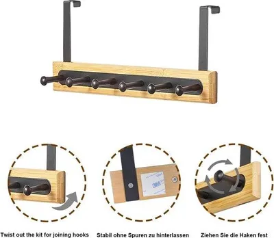 Immagine prodotto di Appendiabiti a gancio Unyqoos® – 6 ganci, legno e lega di alluminio, senza foratura, adatto per porte da 3,5 a 4,5 cm, colore nero, ideale per cucina, bagno, ingresso o camera da letto
