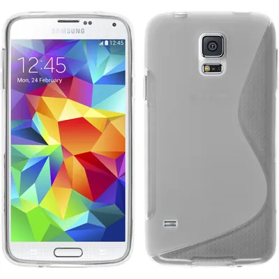 A Samsung Galaxy S5 mini phone with a clear case and a gray S-style case shown from the front and back.