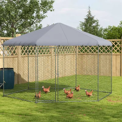 Produktbild von Freigehege verzinkter Stahl, Hühnergehege mit Schattendach, Hühnerstall, Silber | für 10–15 Hühner | 10 m² | 400 x 346 x 263 cm