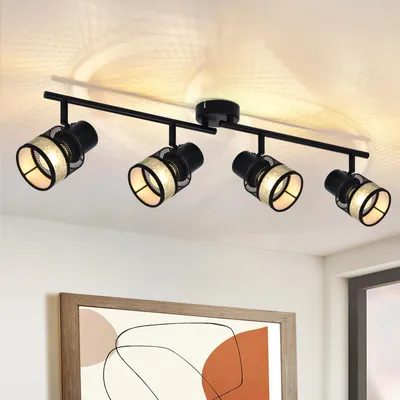 Produktbild von ZMH Deckenstrahler 4 Flammig Schwarz Deckenspot Flur Metall Vintage E27 330° Max.25W LED Deckenlampe mit Gold Stoffschirm für Wohnzimmer Küche
