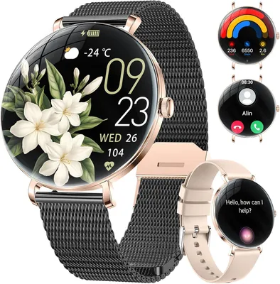 Produktbild von Elegante Damen Smartwatch 1.43" AMOLED, ultradünn, Bluetooth 5.3 Anrufe, 110+ Sportmodi,Frauengesundheit,IP68 wasserdicht,Fitnessuhr für iOS & Android