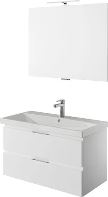 Produktbild von Waschplatz Set mit Spiegel, LED Aufsatzleuchte und Keramik Waschbecken in weiß Glanz VILLATORO-66, B/H/T ca. 90/200/45 cm