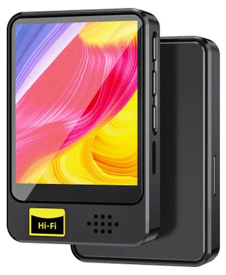 A black portable music player with a colorful screen and a yellow 'Hi-Fi' logo.