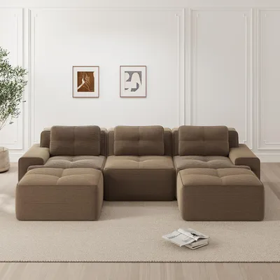 Produktbild von MODFU Dreisitzer Modulares Sofa Cord mit Schlaffunktion,U-förmiges Big Sofa mit Geschwungene Rückenlehne und 2 Ottoman,Schlafsofa,Braun