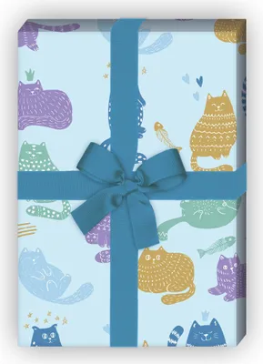 Produktbild von Fröhliches Katzen Geschenkpapier hellblau mit bunten Kätzchen - G12360, 32 x 48cm