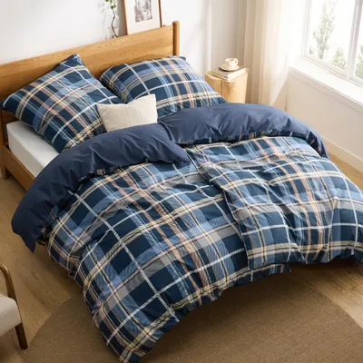 Produktbild von Bettwäsche Set 135x200 4-teilig Baumwolle Wendebettwäsche Blau Kariert