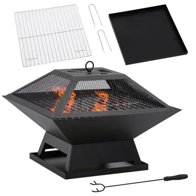 Image de Brasero avec grille de cuisson et pare-étincelles | Couleur : Noir | Dimensions : 45x45x34 cm