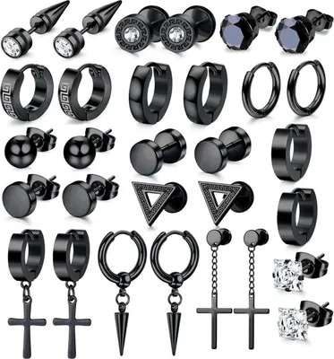 Produktbild von Ohrringe Herren Edelstahl Ohrstecker Zirkonia Set Creolen Schwarz/Silber