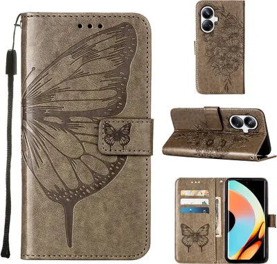 Produktbild von Lederhülle für Realme 10 Pro+ 5G Schmetterling Prägung Flip Ledertasche Kartenfächer Handyhülle mit Ständer Grau