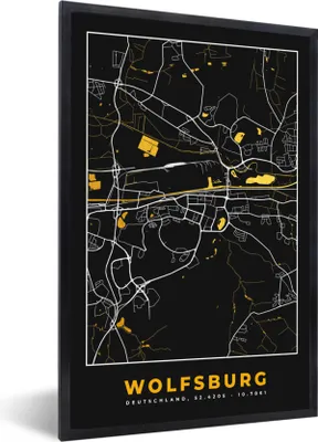 Produktbild von MuchoWow® Gerahmtes Poster Schwarz und Gold - Stadtplan - Wolfsburg - Deutschland - Karte 60x90 cm - Poster mit Schwarzem Bilderrahmen Wandposter Rahmen Foto Bilder - Kunst