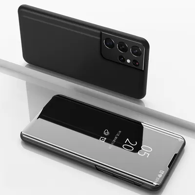 A black smartphone case with a transparent flip cover is displayed on a reflective surface.