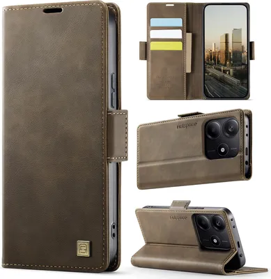 Immagine prodotto di Custodia in pelle per Xiaomi Redmi Note 14 5G, protezione RFID, chiusura magnetica, slot per carte e supporto Marrone