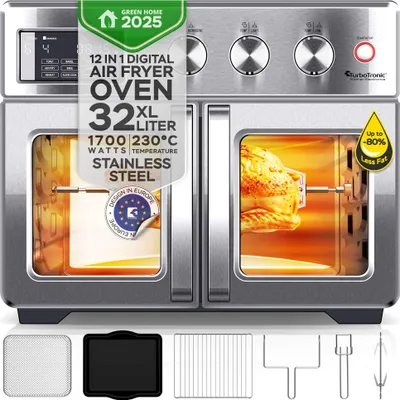 A TurboTronic digital air fryer oven is shown with various accessories laid out below it. The oven features a rotisserie with a chicken inside.