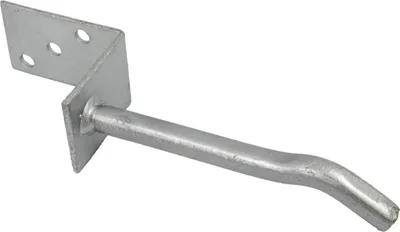 A metal L-shaped post anchor with a bent dowel for embedding in concrete.