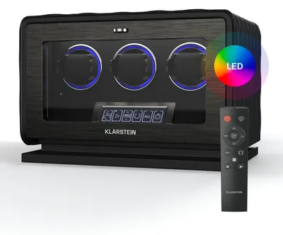 Produktbild von Klarstein LuminousTime Uhrenbeweger für 3 Uhren – Automatik-Uhrenbeweger mit Flüsterleisem Japanischem Motor, LCD-Touchpanel & Fernbedienung, 20 TPD-Einstellungen, RGB & LED-Beleuchtung,