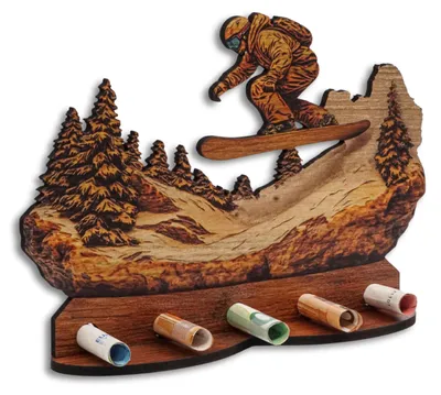 Produktbild von Geschenkverpackung mit Holzmaserung und Snowboardmotiv für Geldgeschenke