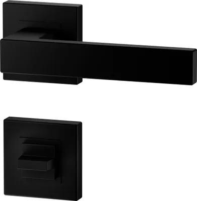 A black door handle set with a square escutcheon plate and a WC indicator.