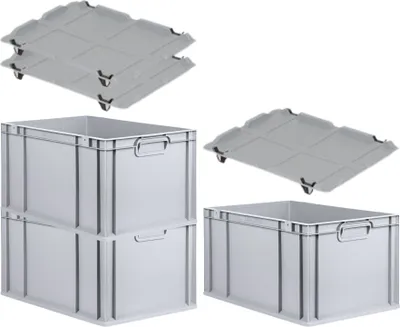 Produktbild von SuperSparSet 3x Eurobox NextGen Grip mit Auflagedeckel inkl. 4 schwarzen Schiebeschnappverschlüssen | HxBxT 32x40x60cm | 65 Liter | Grau | Griffe geschlossen | Verstärkter Boden | Eurobehälter, Transportbox, Transportbehälter, Stapelbehälter