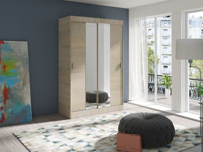 FurMeb24 Schiebetürenschrank MULTI 2 -110x200cm Kleiderschrank mit Spiegel, 2-türig Schiebeschrank - (SONOMA EICHE)