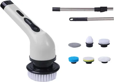 Image de Brosse de nettoyage électrique - Nettoyeur de salle de bain - Nettoyage rapide - Avec plusieurs têtes de brosse interchangeables - 2 vitesses - Blanc