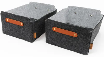 Produktbild von 2er-Set Aufbewahrungsboxen aus 4mm Filz, dunkelgrau und hellgrau, 31x25x15 cm, mit Echtleder-Details