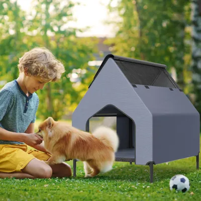 Produktbild von YZNAHRE 2 in 1 Hundehütte 91 x 65,5 x 86,5 cm Hundehöhle Hundebett aus Oxford und Atmungsaktives Netzgewebe Erhöhtes Hundeliege für Hunde&Katzen, S