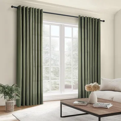 Immagine prodotto di Tende in lino per soggiorno, tende trasparenti, tende a velo con passanti, tende chiare color verde oliva, 140x235 cm, set di 2 tende con passanti