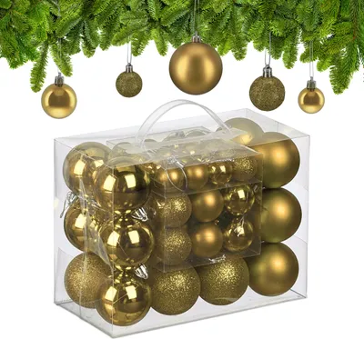 Produktbild von Relaxdays Weihnachtskugeln im 50er Set, Kunststoff, glitzernde, matte, glänzende Baumkugeln, Christbaumschmuck, gold
