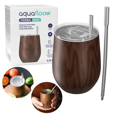 Zdjęcie produktu dla Aquafloow Kubek do Yerba Mate 350 ml + 2 stalowe słomki, kubek z podwójnymi ściankami do Yerba Mate | pokrywka wolna od BPA, stal nierdzewna do Mate, Yerba - brązowy