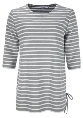Produktbild von modAS Damen Long-Shirt 1/2-Arm Maritim mit Streifen - Rundhalsshirt mit modischer Schnürung in Graumelange-Weiß Größe 44