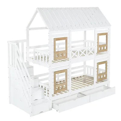 Produktbild von Flieks Etagenbett 90x200cm mit 2 Schubladen, Kinderbett Hausbett mit Fenster, Hochbett Einzelbett mit Treppe, Holzbett Kinderzimmer, Weiß