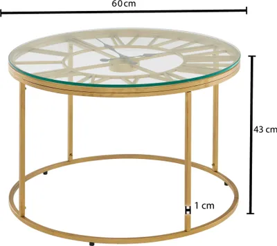 Image de FineBuy table basse en verre métal 60x60x43 cm table basse avec horloge décorative | Table de salon design ronde | Petite conférence