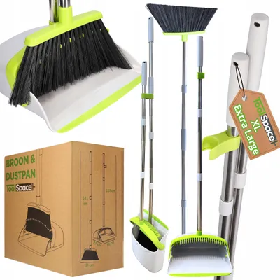 A collage of images showing a broom and dustpan set, its packaging, and close-ups of its features.